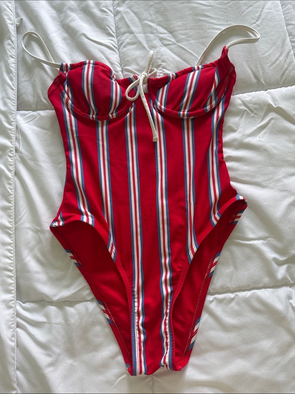 Red Striped One-Piece Swimsuit with Contrast Trim
